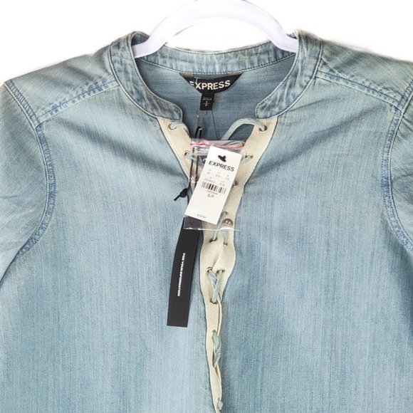 Express Denim 3/4 Roll Up Sleeve Lace-up Top. *NWT ~ Small * - Picture 1 of 5